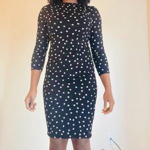 Black and White Polka Dot (Hearts) Fitted Midi Dress, Ruched Side, 3/4 Sleeves